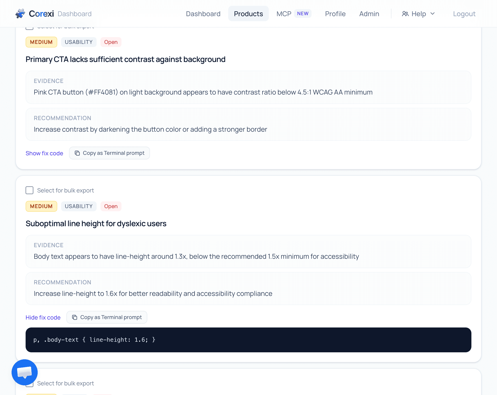 Corexi fix-ready code output showing CSS and HTML fixes